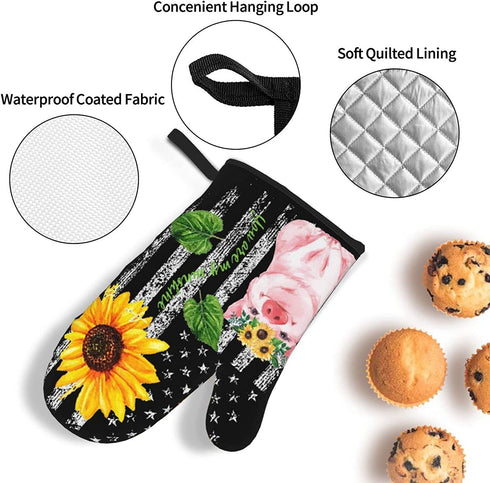 Oven Mitts and Pot Holders Sets Farmhouse Sunflower Pig American Flag Kitchen Microwave Gloves and Hot Pads Potholders with Cotton Liner Grip Cooking Mitts for Baking Cooking Grilling BBQ