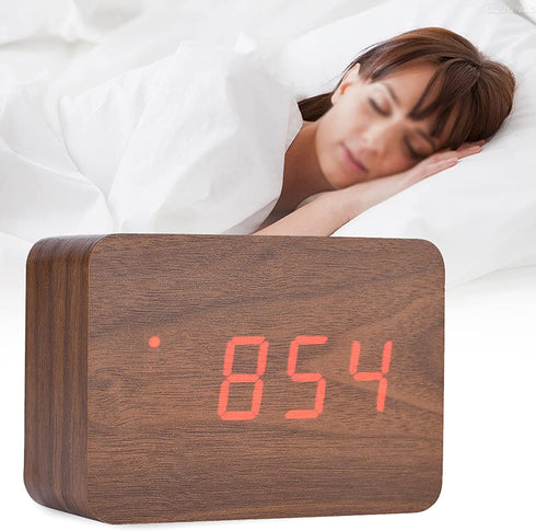 Wooden Alarm Clock, Digital Clock for Bedrooms LED Modern Wooden Cube Clock 3 Levels Brightness Temperature Display with Sounds Control (Brown)