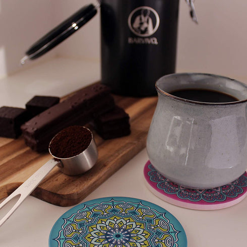 BARVIVO Mandala Ceramic Coasters for Drinks Absorbent Set of 8 with Holder - Quickly Absorbing Condensation - Perfect Drink Coasters for Wooden Table Stain Protection with Scratch Preventing Cork Base