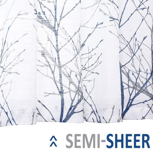 FMFUNCTEX Blue Kitchen Valance Curtain for Living Room Grey Branch Print on Linen Texture Look Window Valance for Bedroom 50" W x 18" L, 1 Panel, Rod Pocket