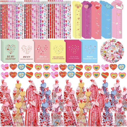 Valentines Day Gifts for Kids Classroom 30 Pack, ALL-IN-ONE Valentines Stationery Set - Valentine Pencils Notepads Rulers Erasers Valentines Cards Treat Bags Party Favors for Kids