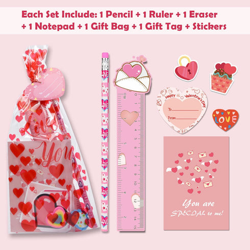 Valentines Day Gifts for Kids Classroom 30 Pack, ALL-IN-ONE Valentines Stationery Set - Valentine Pencils Notepads Rulers Erasers Valentines Cards Treat Bags Party Favors for Kids
