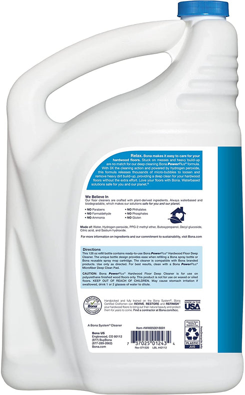 Bona PowerPlus Hardwood Floor Deep Cleaner Refill, Oxygenated Formula, 128 Fl Oz