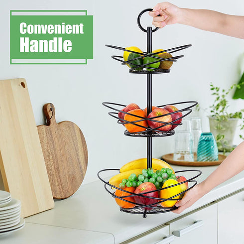 3-Tier Fruit Basket Bowl for Countertop - Homewill Large-Capacity Metal Fruit Bowls for Kitchen Counter | Detachable Fruits Baskets with Handle for Vegetable Banana