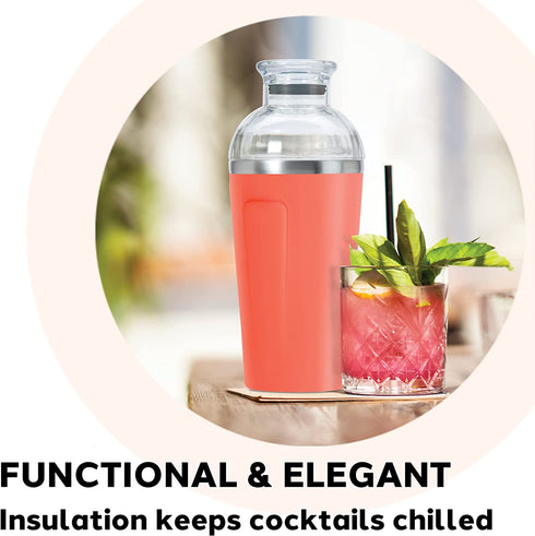 OGGI Groove Insulated Cocktail Shaker-17oz Double Wall Vacuum Insulated Stainless Steel Shaker, Tritan Lid has Built In Strainer, Ideal Cocktail Mixer, Martini Shaker, Margarita Shaker, Coral
