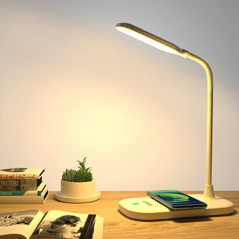 Desk Lamp with Wireless Charger, Loycco Eye-Caring Led Desk Light, Desk Lamps for Home Office, Portable Wireless Charging Lamp with Flexible Gooseneck for Study, 3 Lighting Modes, Touch Control