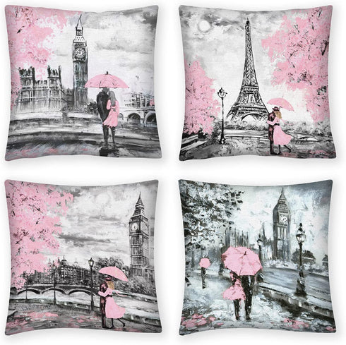 Throw Pillow Covers 18x18 Set of 4, Decorative Pillows for Couch Bed, Sofa Pillows Decorations for Living Room, Pink Paris Outdoor Pillows Couch Cushion Covers for Home Bedroom