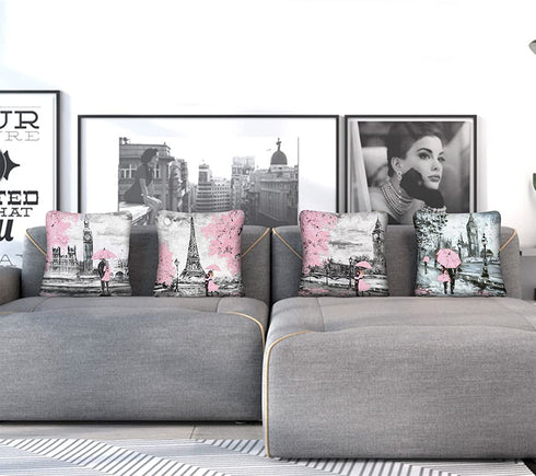 Throw Pillow Covers 18x18 Set of 4, Decorative Pillows for Couch Bed, Sofa Pillows Decorations for Living Room, Pink Paris Outdoor Pillows Couch Cushion Covers for Home Bedroom