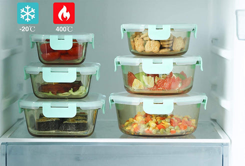 Emica Glass Food Container Set-6 Pack, Glass Amber Color Meal Prep Containers, Food Prep Containers Glass with Lids, Glass Bento, Airtight Glass Bento Boxes, Glass Food Storage Set (6 Containers & 6 Lids)