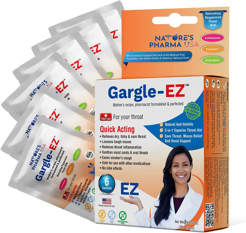 GARGLE-EZ Sore Throat Gargle Solution, Throat Allergy, Mucus Relief, Vocal Care, Made in USA. Natural Sore Throat Medicine for Adults, Throat Remedy, Sore Throat Relief - Peppermint Flavor (6 Packs)