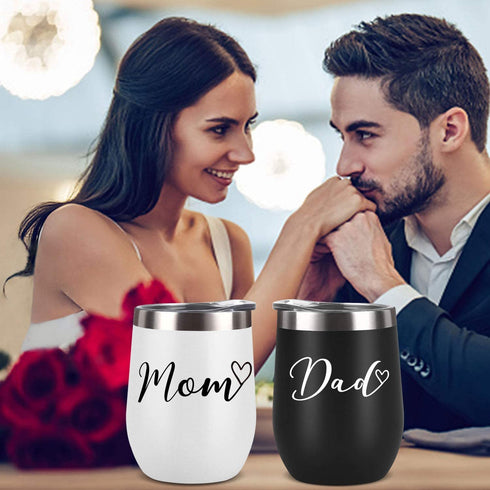 Mom and Dad Wine Tumbler Set, Funny Christmas Gifts for New Parents New Pregnancy New Dad New Mom Anniversary Birthday, Stainless Steel Insulated Wine Tumbler with Lid(12oz, Black and White)