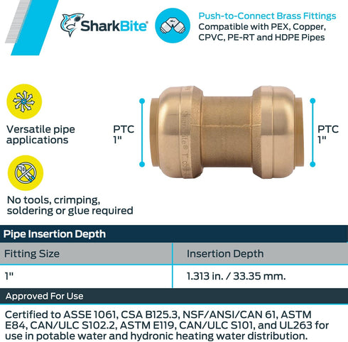 SharkBite 1 Inch Brass Push-To-Connect Straight Coupling Fitting for PEX, Copper, CPVC, PE-RT or HDPE Pipe - U020LFA