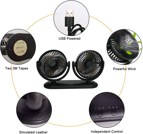TriPole Car Fan Portable Vehicle Fan Dual Head Electric Fan Vehicle Mounted USB Fan 300 Degree Rotation Auto Cooling Fan 3 Speed Strong Wind Desk Fan for Dashboard SUV RV Truck Sedan Home Office