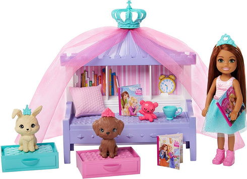 Barbie Princess Adventure Chelsea Princess Storytime Playset, with Chelsea Doll, Canopy Bed, 2 Pets and Accessories, Gift for 3 to 7 Year Olds , Red