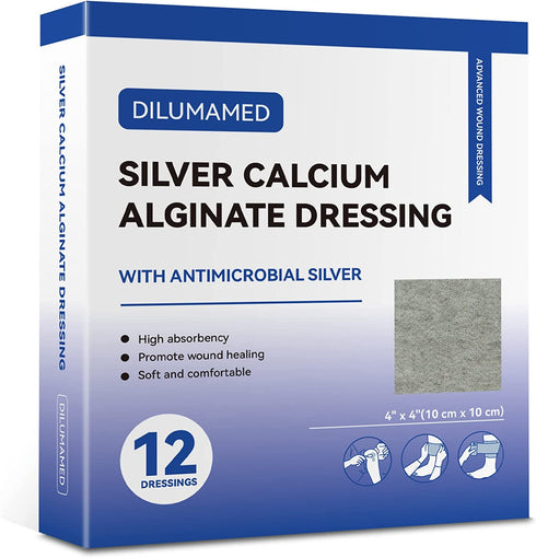 DILUMAMED Silver Calcium Alginate Wound Dressing 4"x4"(Pack of 12), High Absorption Bandage Patch for Bed Sore, Pressure Sore, Leg Ulcer, Diabetic Foot Wound Care