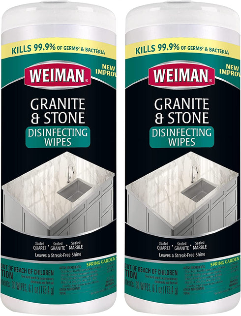 Weiman Granite Wipes - Clean, Brighten, and Protects Solid Sealed Stone Surfaces - 30 Count (2 Pack)