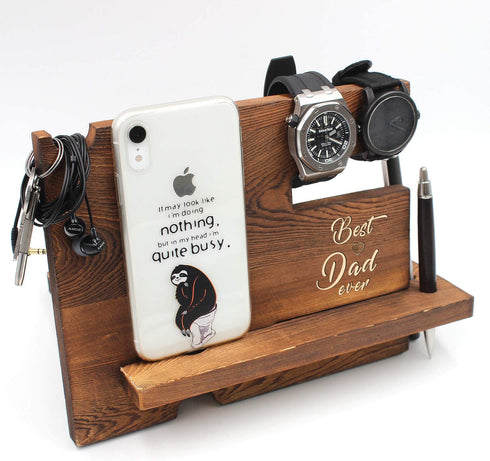 Best Dad Ever - Dad Father Gift from Son or Daughter, Fathers Day Dift, Nightstand Organizer with Coaster, Wooden Desk Docking Station