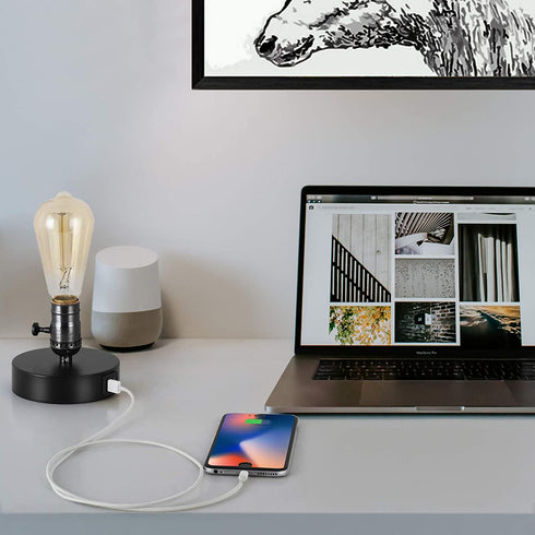 BTY Vintage Table Lamp Base E26 with USB Port Mini Industrial Table Lamp USB Small Nightstand Lamp Holder for Table, Bedside, Bedroom (Black)