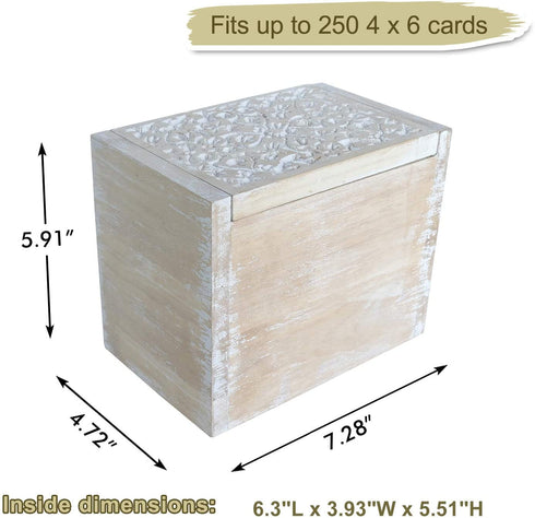 NIKKY HOME Rustic Carved Kitchen Wood Recipe Organization Box with Cards and Dividers, 7.28 x 4.72 x 5.91 Inches