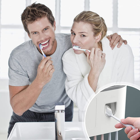 Toothbrush Holder Wall Mounted with Automatic Toothpaste Dispenser 4 Waterproof Toothbrush Slots with Dust-Cover 2 Magnetic Cups and Mini Drawer for Bathroom Shower
