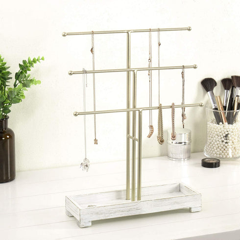 MyGift 3-Tier Gold Metal Jewelry Organizer Stand, Necklace and Bracelet Hanging Bar with Vintage White Wood Ring Tray