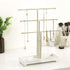 MyGift 3-Tier Gold Metal Jewelry Organizer Stand, Necklace and Bracelet Hanging Bar with Vintage White Wood Ring Tray