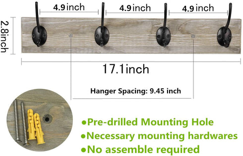 Wall Mounted Coat Rack,Sageme Wooden Entryway Vintage Rustic Coat Rack Hat Hanger Rack Zinc die-cast 4-Hook Rail for The Entryway, Bathroom, Bedroom, Kitchen, Mudroom Pinewood Alloy 4-Hook