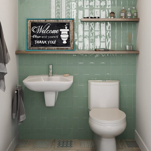 Teal Wall Art, Funny Bathroom Picture Wall Decor, Restroom Canvas Prints Black and White Please Seat Yourself Sign Rustic Turquoise Welcome Signs Painting Accessories Farmhouse Home Decoration 8 x 14"
