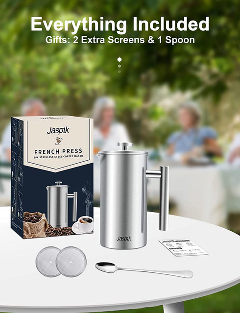 French Press Portable Coffee Maker - 4 Level Filtration System, 34 Oz 304 Stainless Steel Coffee Press, Tea Maker, No Coffee Grounds, with 2 Extra Screens & Spoon, Rust-Free, Dishwasher Safe, BPA Free (Silver)