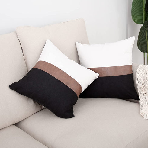HOMFINE Farmhouse Throw Pillow Covers 18 x 18 - Decorative Accent Pillow Cover Set of 2 , Modern Decor Faux Leather Patchwork Square Cushion Pillow Case for Couch Sofa, Black