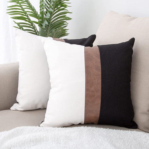 HOMFINE Farmhouse Throw Pillow Covers 18 x 18 - Decorative Accent Pillow Cover Set of 2 , Modern Decor Faux Leather Patchwork Square Cushion Pillow Case for Couch Sofa, Black