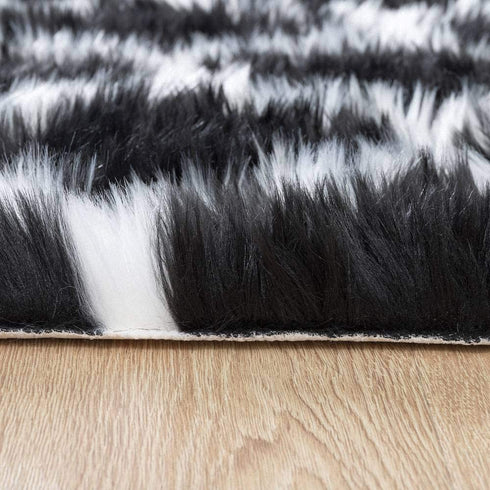 Carvapet Moroccan Shaggy Soft Faux Sheepskin Fur Area Rugs Floor Mat Luxury Beside Carpet for Bedroom Living Room 2ft x 4ft, White Strips on Black