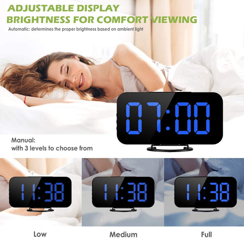 KeeKit Digital LED Alarm Clock, Large 6.5" Mirror Surface Alarm Clock with Dual USB Charging Ports, Snooze Function, Auto/Manual Adjustable Brightness, 12/24H Display for Home, Bedroom, Office - Blue