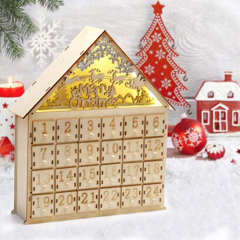 CCINEE Christmas Wooden Advent Calendar with LED Light 24 Storage Drawers Christmas Countdown Calendar for Holiday Decoration