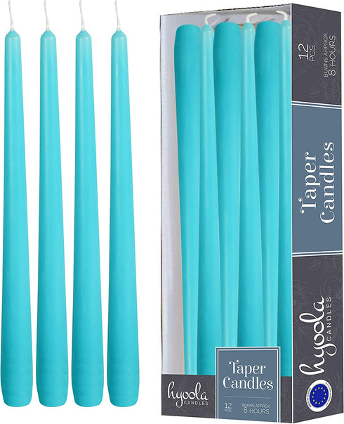 12 Pack Tall Taper Candles - 10 Inch Light Blue - Turquoise Dripless, Unscented Dinner Candle - Paraffin Wax with Cotton Wicks - 8 Hour Burn Time.