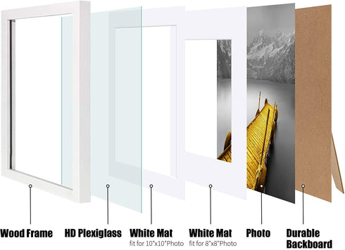 12x12 Picture Frames White Solid Wood Display Pictures 10x10 or 8x8 with Mat or 12x12 without Mat - 12x12 Inch Square Photo Frames with 2 Mats for Wall or Tabletop Mount, 1 Pack