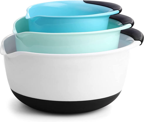 Spring Chef - Mixing Bowls with Soft Grip Handles, Prep Bowls for Baking and Cooking, Mixing Bowl with Pour Spout and Non-skid Bottom, Set of 3, Blue, Mint and White