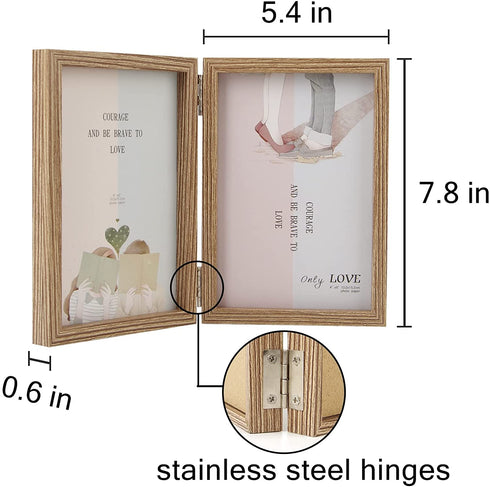 ORIVAN 2 Pack 5x7 Double Picture Frames Hinged Folding Photo Frames with Glass Vertical Stand Frames (Grain)