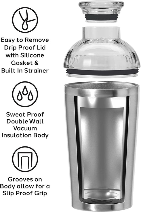 Oggi Groove Insulated Cocktail Shaker-16oz Double Wall Vacuum Insulated Stainless Steel Shaker, Tritan Lid has Built In Strainer, Ideal Cocktail Mixer, Martini Shaker, Margarita Shaker, Stainless,7404