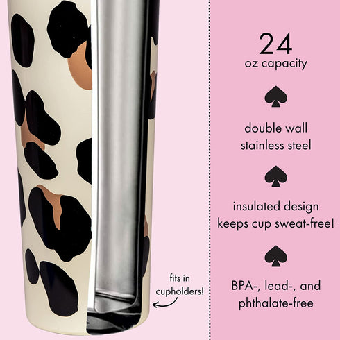 Kate Spade New York Insulated Stainless Steel Tumbler, Leopard Print 24 Ounce Double Wall Travel Cup with Lid, Forest Feline