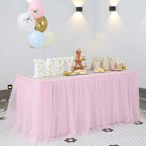 6ft Pink Tulle Table Skirt for Rectangle or Round Tables Tutu Table Skirt for Wedding Birthday Party Baby Shower Girl Gender Reveal Cake Dessert Table Decorations