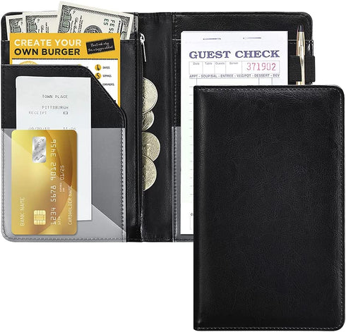 Black Server Books For Waitress/Waiter Book with Zipper Money Pocket,Cute Waitress Books Organizer Accessories Fit Server Aprons Note Pads (Black)