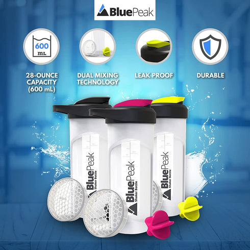 BluePeak Protein Shaker Bottle 28 oz with Dual Mixing Technology, Strong Loop Top, BPA Free, Shaker Balls & Mixing Grids Included - On-The-Go Large Protein Shakers (3 Pack - Black, Yellow, Pink)