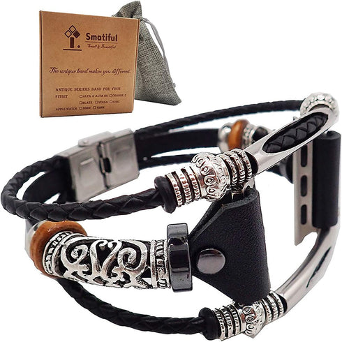 Smatiful Fancy Bands (Small Mediume Large xl are Ok) with Stainless Steel Clasp and Gunmetal Parts for Women and Men, Leather Band for Apple Watch (Series 1,2,3,4,5,6,7 SE) 42mm 44mm,Classic Black