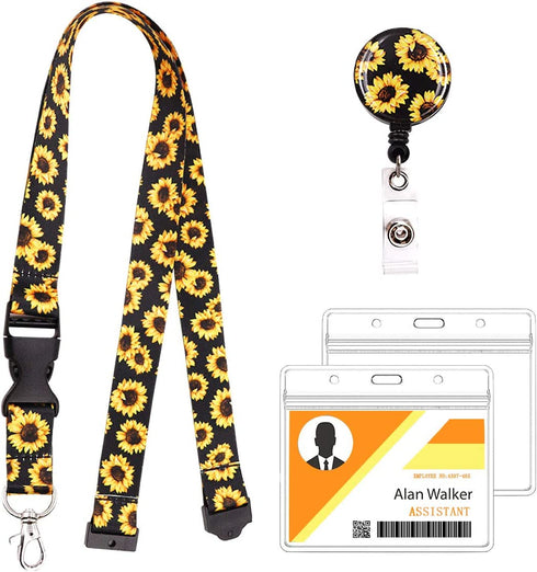 Beacil Fashion Sunflower Lanyard ID Card Clip Kit,Women Girls Nurse Reversible Detachable Key Chain Lanyard and Retractable ID Card with Horizontal Name Badge Holder,for Keys USB ID Card Phone
