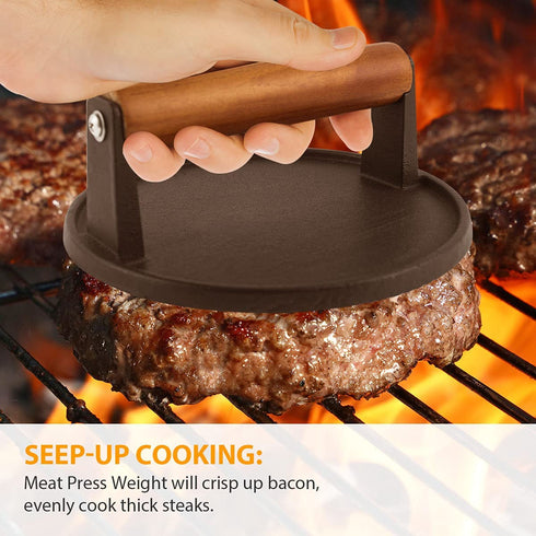 AJinTeby Cast Iron Grill Press, Bacon Press, Griddle Press with Wooden Handle, 7-Inch Round Heavy Duty Burger Press with Solid Wood Handle