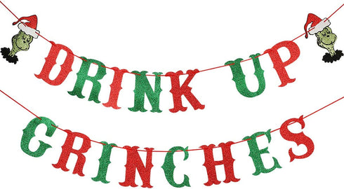 Drink Up Grinches Banner Red and Green Glitter- Christmas Party Supplies, Grinch Christmas Decorations, The Grinch Christmas Decorations, Christmas July Party Decorations,Grinch Backdrop, Grinch Decorations for Home Office Mantel