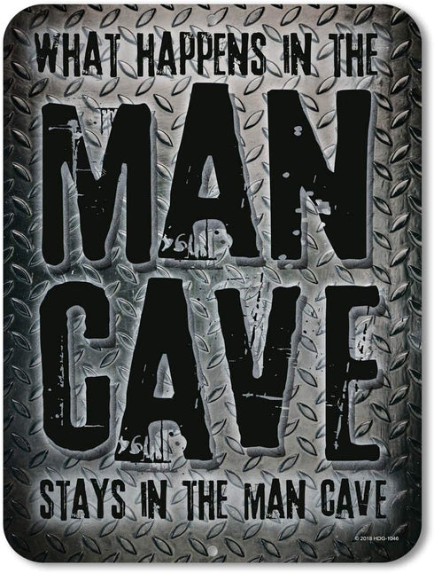 Honey Dew Gifts Man Cave Decor What Happens in the Man Cave 9 inch by 12 inch Metal Aluminum Novelty Tin Sign Decor - Man Cave Signs and Decor