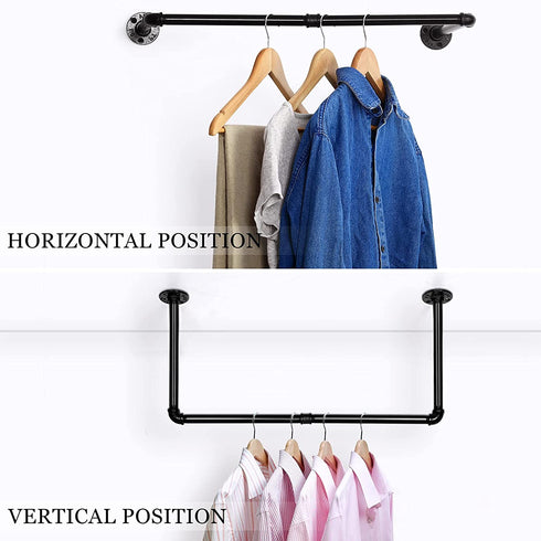 Industrial Pipe Clothes Rack , Wall Mounted Garment Rack, Space-Saving Hanging Clothes Rack, Heavy Duty Detachable Garment Bar, Multi-Purpose Hanging Rod for Clothing Storage, 2 Pack