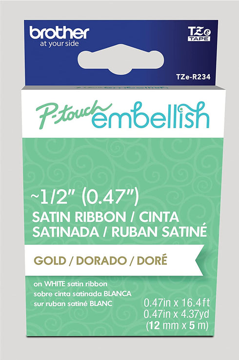 Brother P-touch Embellish Gold Print on White Satin Ribbon TZER234 – ~½” Wide x ~13.1’ Long for use with P-touch Embellish Ribbon & Tape Printer